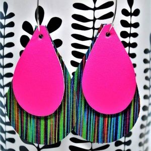 Genuine Leather Earrings-Hot Pink & Serape